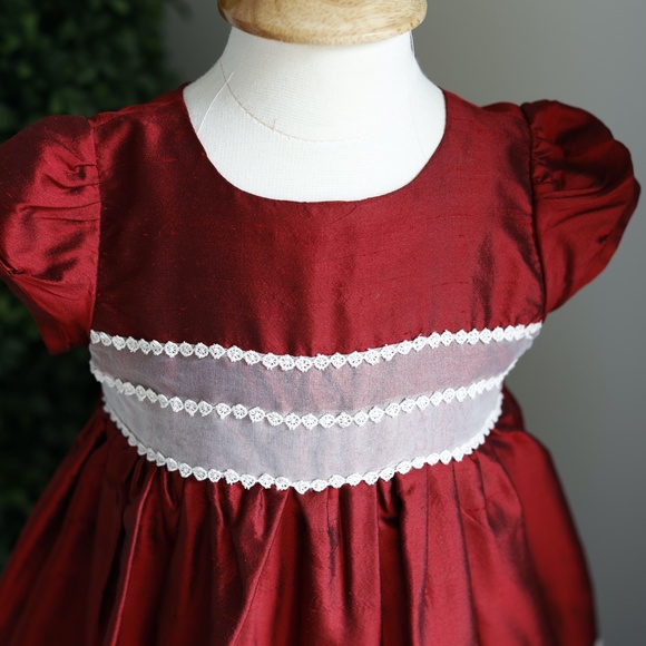 Girl's Red Shantung Silk Dress 18/24 Month Ivory Trim Special Occasion Portrait - Picture 4 of 8